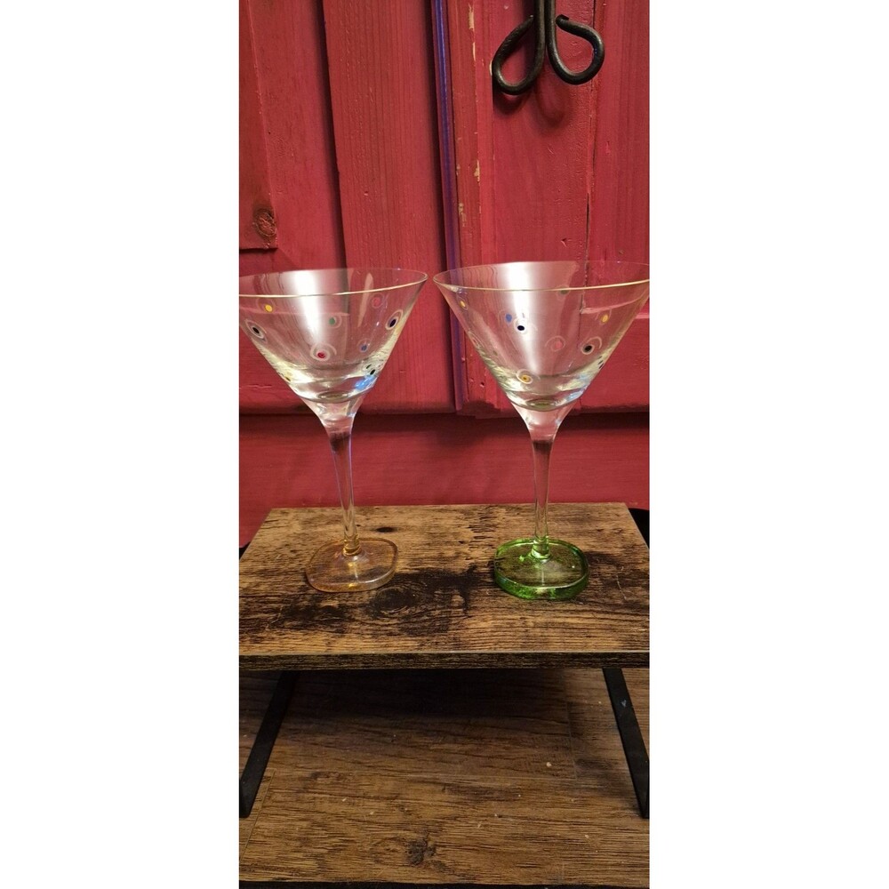 Vintage Block Basics Cocktail Hour Martini Glasses Set of 2 Multi Dot Square EUC